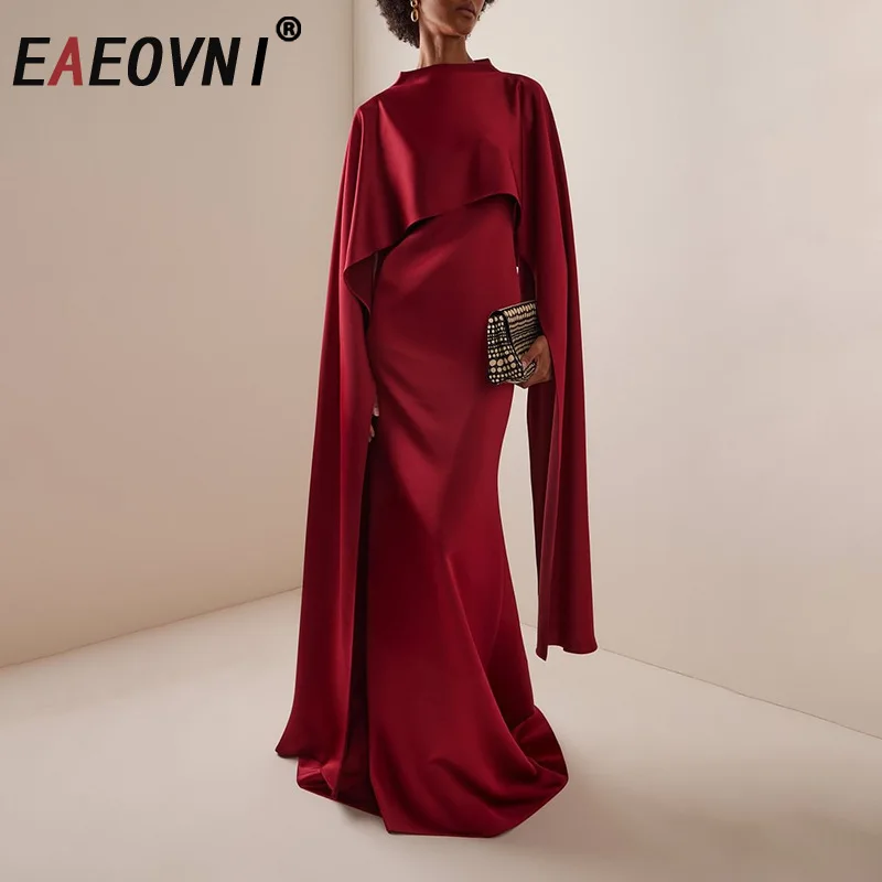 

EAEOVNI модное красное длинное платье женское темпераментное платье с шалью в стиле пэчворк, платья с высокой талией, элегантная новинка 2025 года, одежда