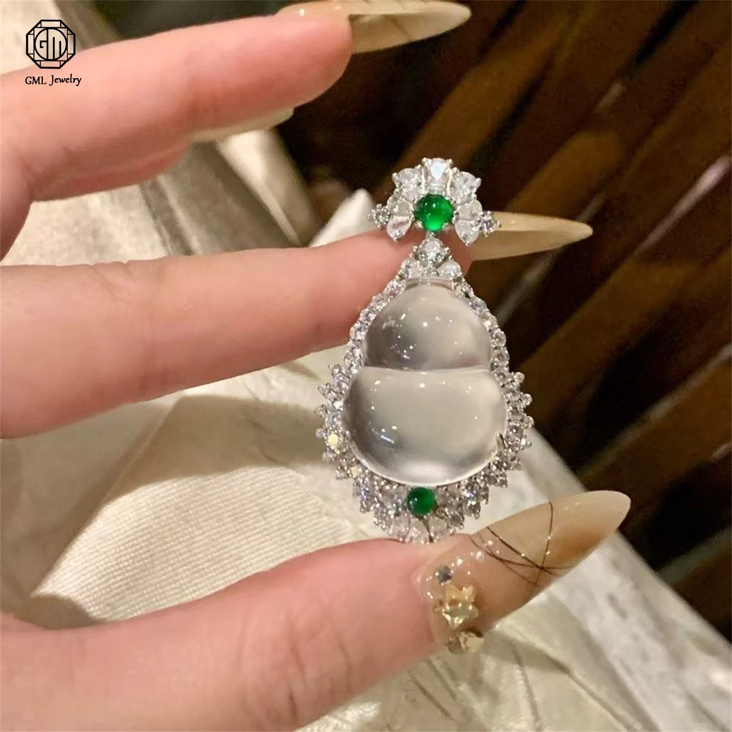 Natural 925 Sterling Silver Jadeite Jade Gourd Pendant High Ice Glass Translucent Lucky Charm Anniversary Jewelry Gift