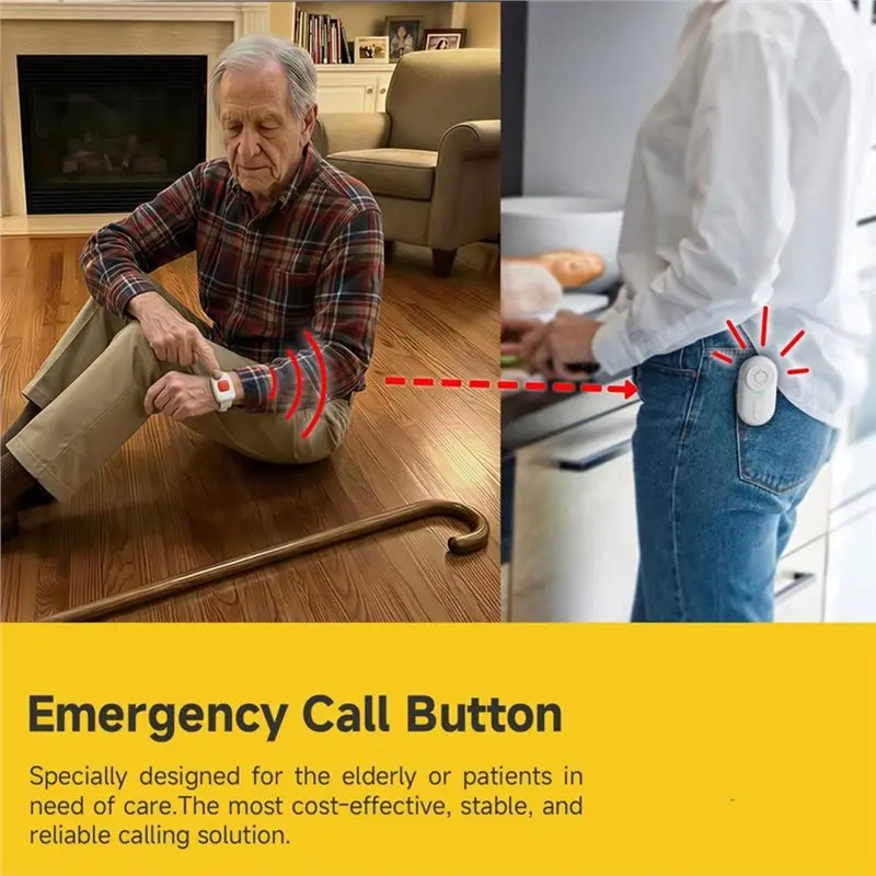 SOS Watch Vibration Caregiver Pager Call Button Elderly Safety Alert Monitor System With 1 Receiver+ 2 Transmitter Home