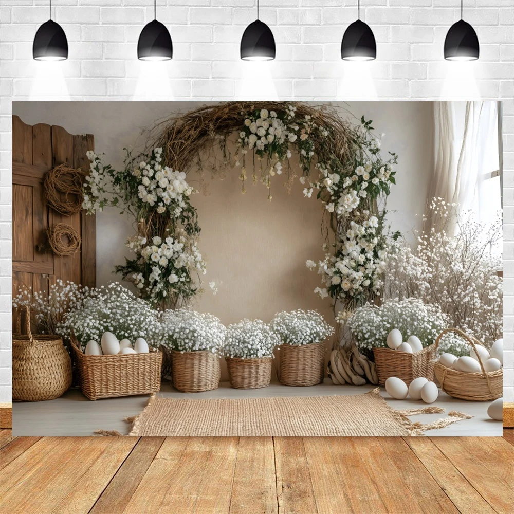 Spring Easter Baby Portrait Photograpahy Backdrop Flowers Arch Eggs Flower Basket Birthday Kids Art Photo Background Photobooth