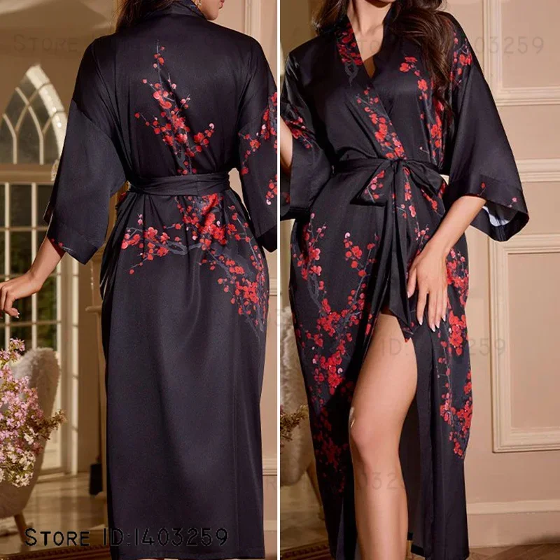 

Женский длинный халат больших размеров, домашняя одежда с цветочным принтом, кимоно в японском стиле, юката, халат, атласная одежда для сна, домашняя одежда, ночная рубашка