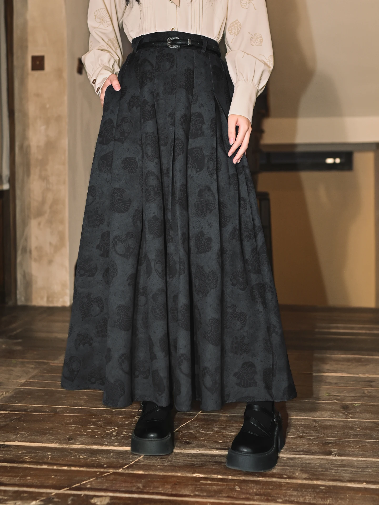 

Новая женская юбка А-силуэта с принтом, с высокой талией на резинке, осенне-зимняя, утягивающая, в китайском стиле, высокого качества