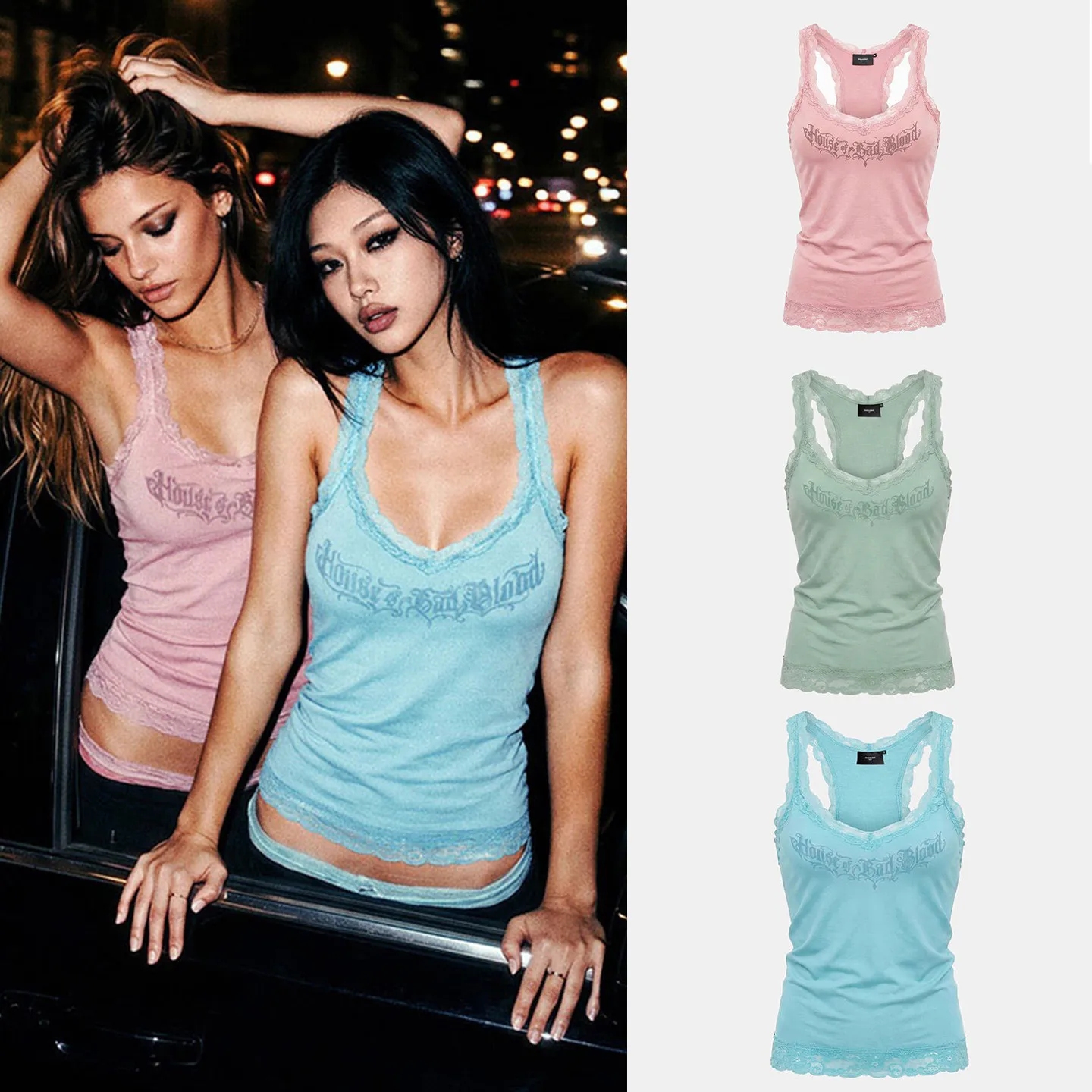Badblood BCAC series American print lace-edge crewneck halter top with strapless design for trendy young women Fashionable top