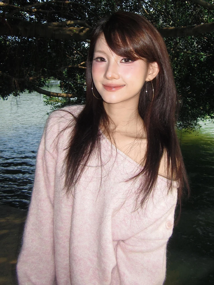 

Soft Lazy Sle Pink Slant oulder Sweater Women's Autumn Winter Loose Slimming Long Sve Knitted Top Casual Comfortable