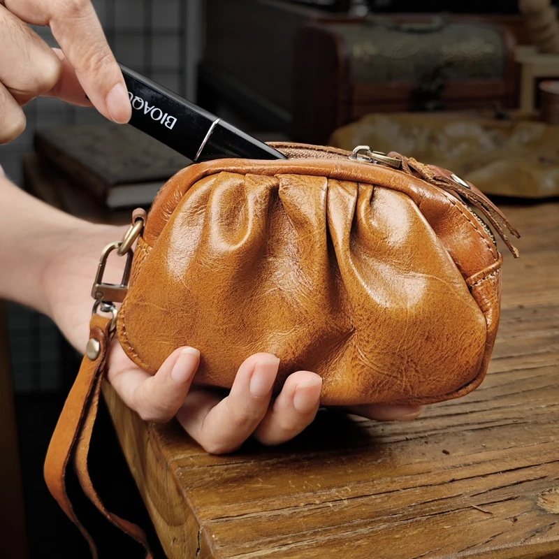 Vintage Genuine Leather Coin Purse Handmade Cowhide Organizer Pocket With Zipper Casual Card Holder Money Bag Storage Pocket