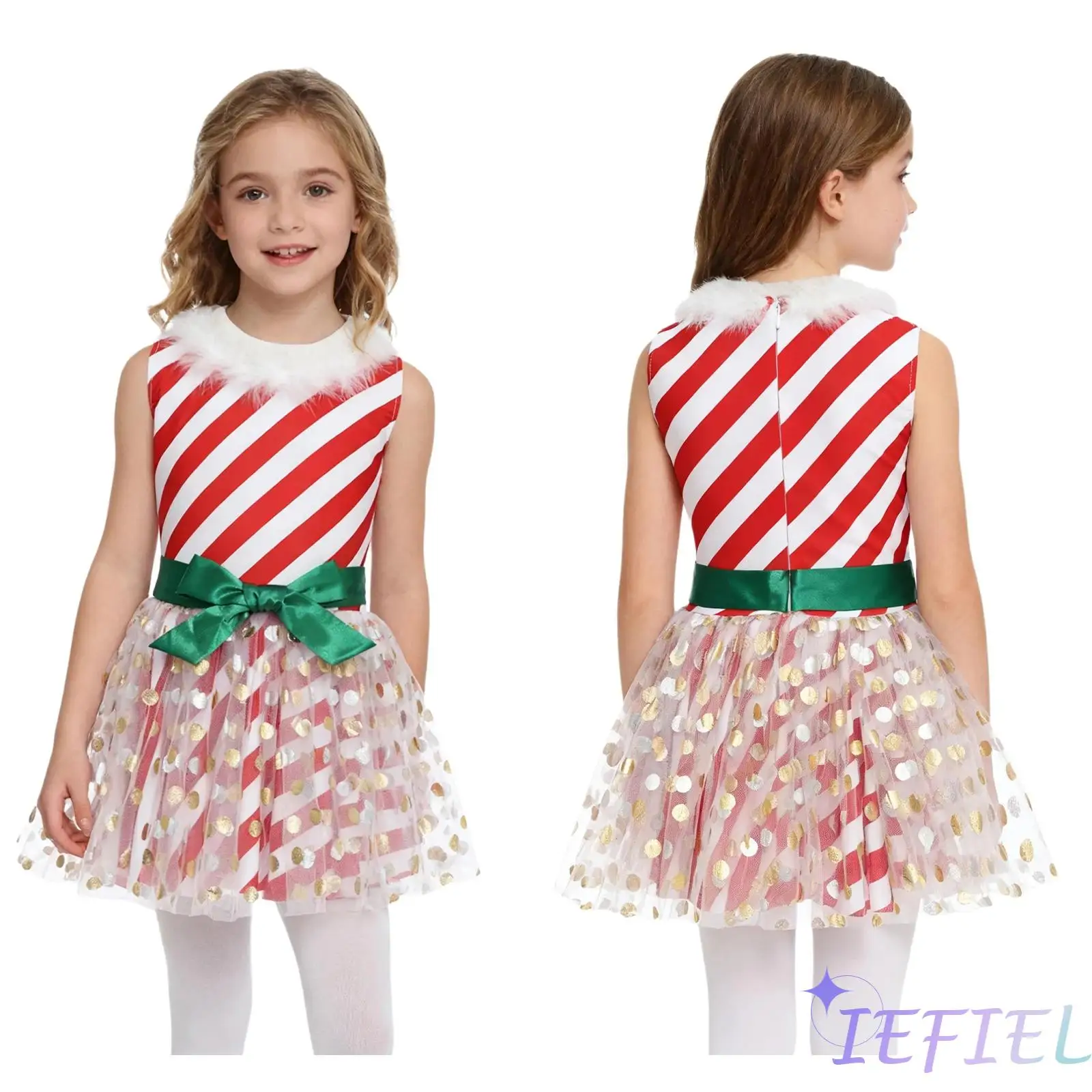 

Kids Girl Christmas Elf Cosplay Dress Fuzzy Crew Neck Sleeveless Metallic Dot Tulle Striped Dress Xmas Santa Candy Cane Costume