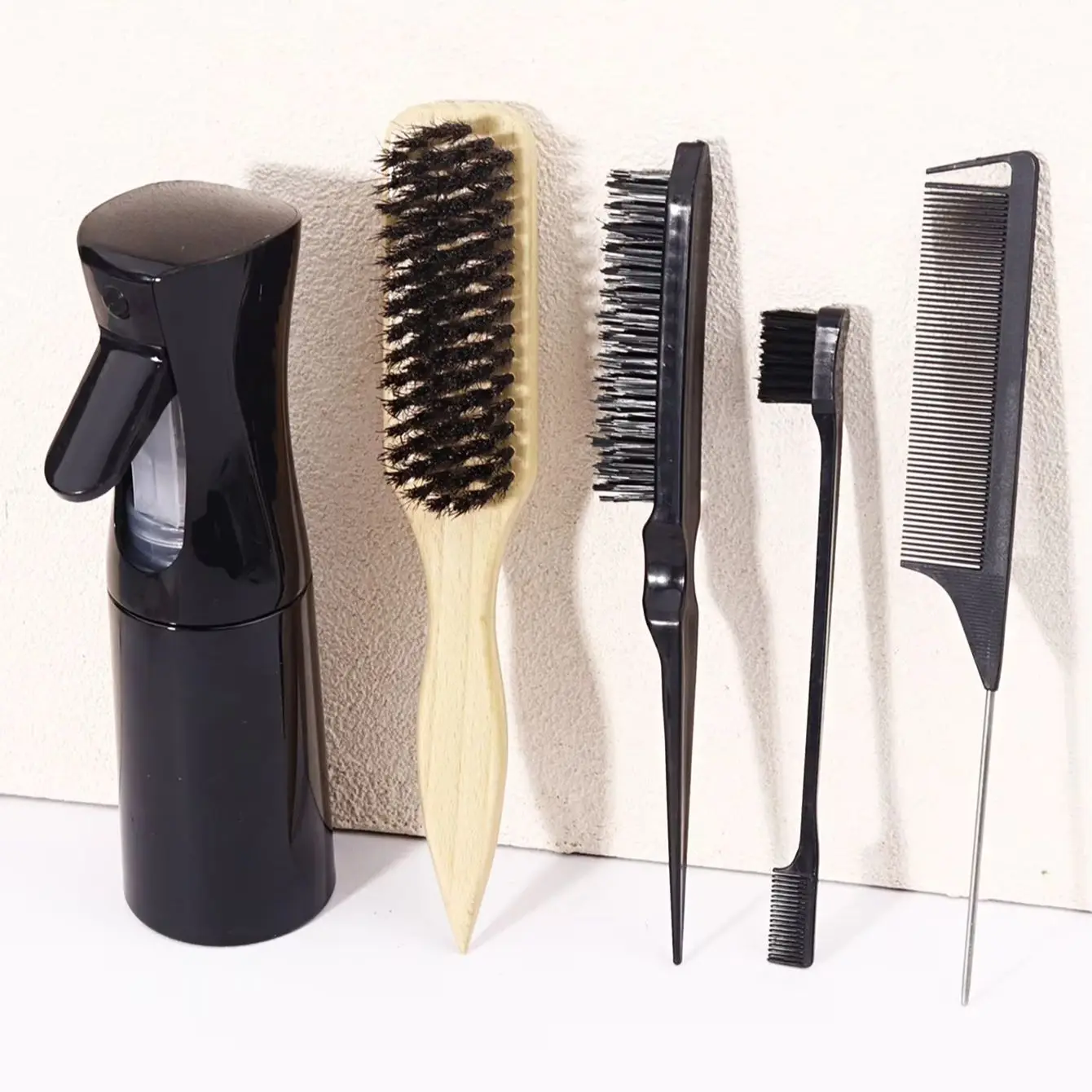 مجموعة وعاء رش فرشاة الشعر مكونة من 5 قطع، فرشاة شعر، زجاجة رذاذ، مشط ذيل الفئران، فرشاة نايلون، فرشاة حافة، خاصة للشعر المستعار الحقيقي