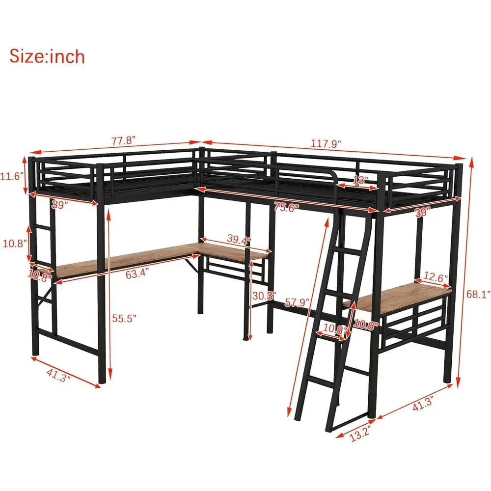 L-Shaped Metal Twin Bed with Safety Rail and Ladder for Two Kids, Heavy-Duty Steel, Black