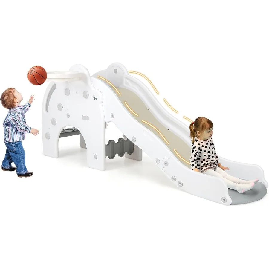

Toddler Slide 4 in 1 Indoor Slide Wave Slideway Max Load 330lb for Age 18+ Months with Basketball Hoop Ball Outdoor Climber Fre
