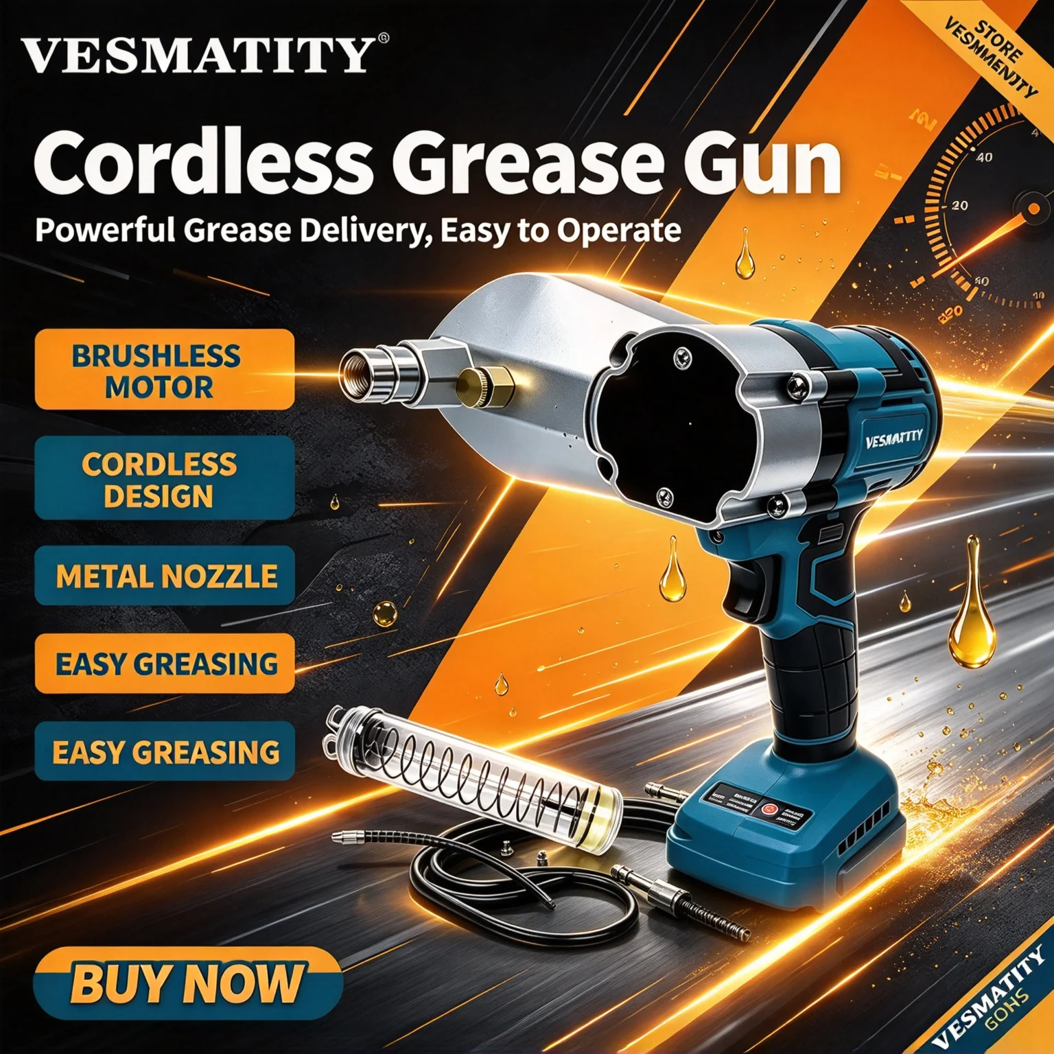 Vesmatity Brushless High Pressure Cordless Grease Gun Electric 18V Battery High Pressure Car Lubricating Oil Maintenance Tool HD