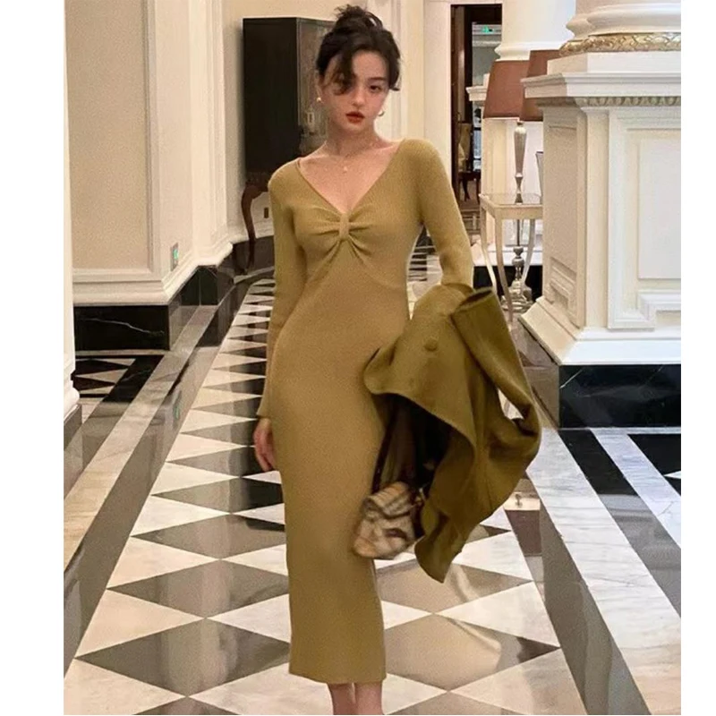 

Sexy Women Maxi Dresses Knit V-neck Dress 2023 Autumn and Winter Sweater Long Dress