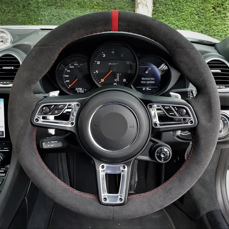 Alcantera Steering Wheel Cover Real Leather Red Thread Red Stripe Car Accessoires for Porsche MACAN PANAMERA / CAYENNE / 718 911