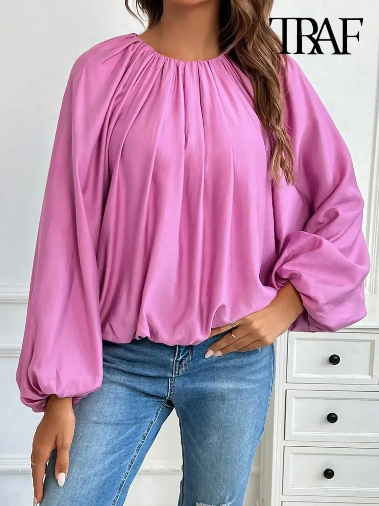 TRAF Women Fashion Loose Pleated Blouses O Neck Puff Sleeves Female Shirts Chic Tops