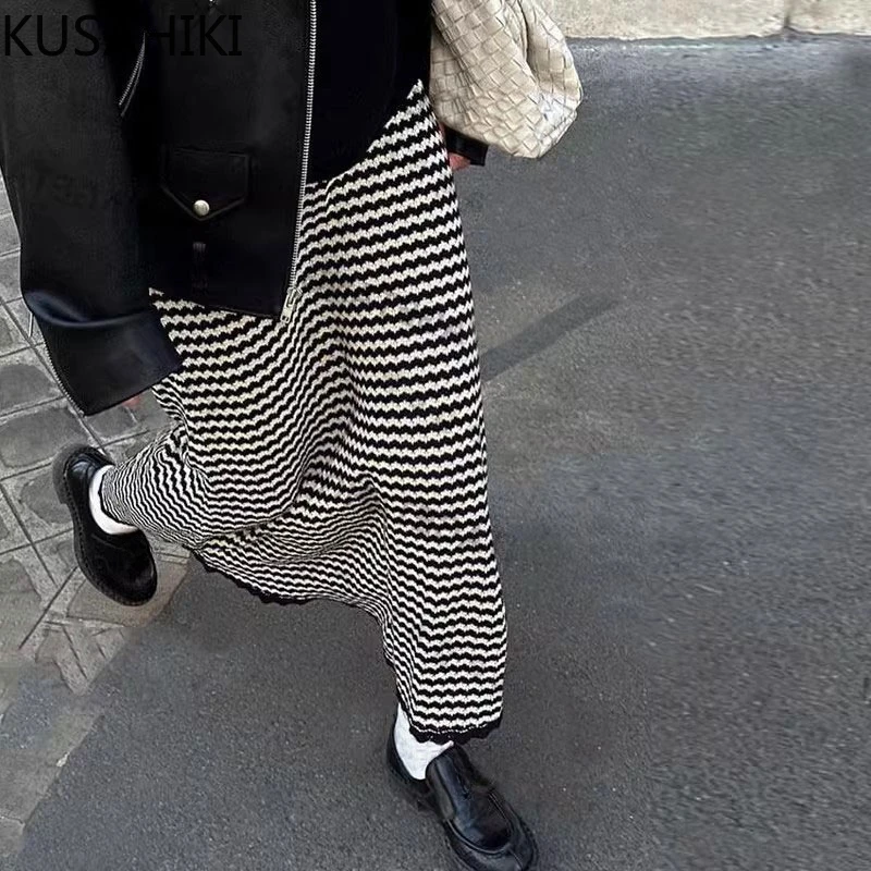 KUSAHIKI Streetwear Fashion Hit Color Striped High Waisted Straight Knitted Skirts Womens 2024 Spring Spicy Girl Sweater Skirt