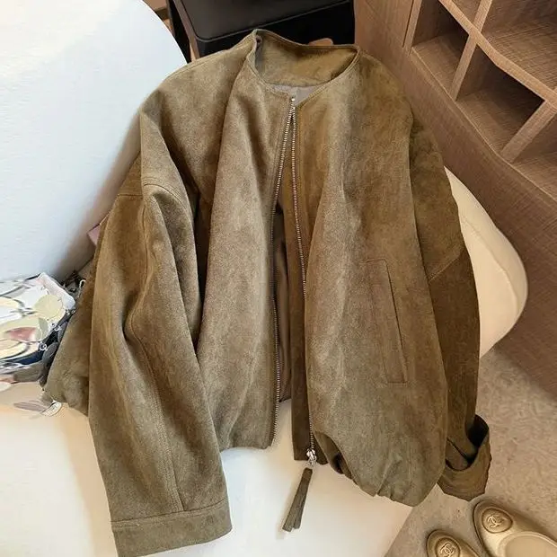 

2025 Autumn New Causal Slimming Retro Faux Suede Round Neck Zipper Jacket Coat