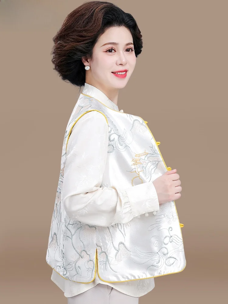 

New Chinese Sle Vest Coat Ele Middle-Aged Women's Spring Faion Loose Fit Button up Top Floral Pattern round Ne