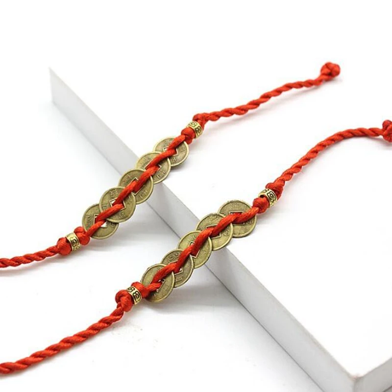 Lucky Five Emperor Money Real Copper Coin Bracelet Red String Chinese Traditional Feng Shui I Ching Year of Birth Braided Gift