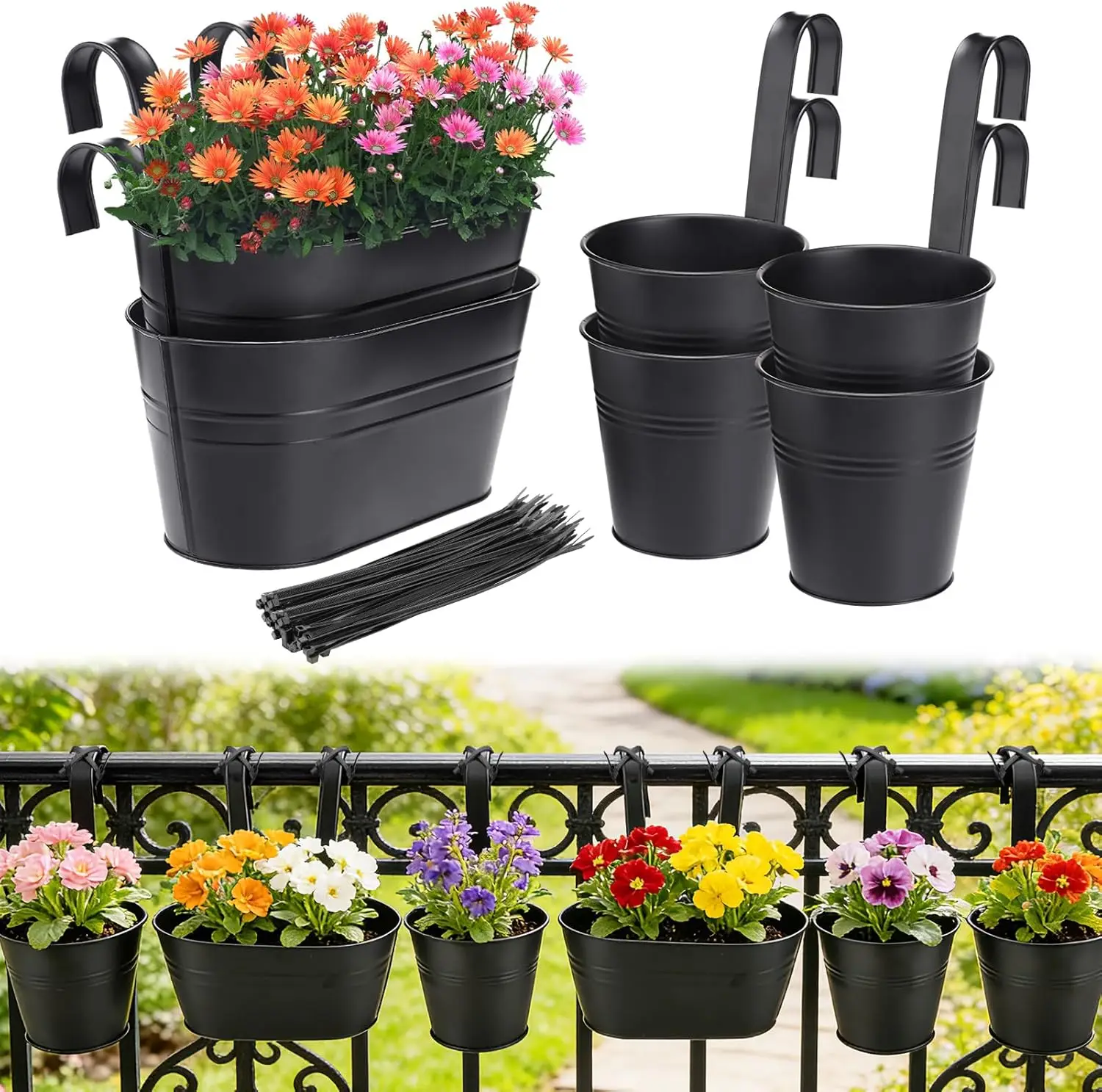 

Набор из 6 подвесных кашпо для перил с дренажем - 10,8 и 5,1 дюйма, металлические железные горшки для цветов и трав для балконных перил