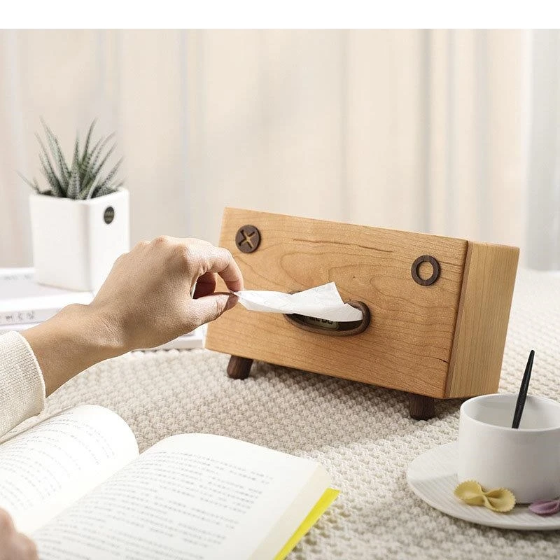 Smiling Face Tissue Boxes Cherry Wood Paper Towel Coffee Table Desktop Removable Box Holder Modern Home Decor
