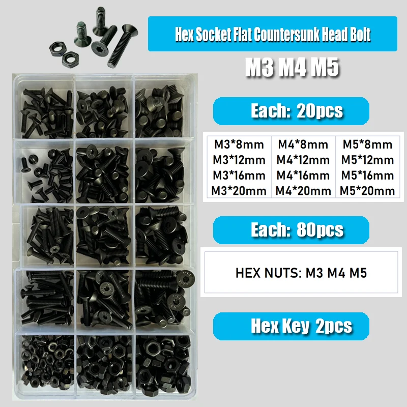 Senkkopf-Sechskantschrauben-Muttern-Set mit flachem Kopf, M2, M3, M4, M5, M6, schwarzer Stahl der Güteklasse 10,9, Innensechskant-Inbusschraube mit Senkkopf – Detail 8