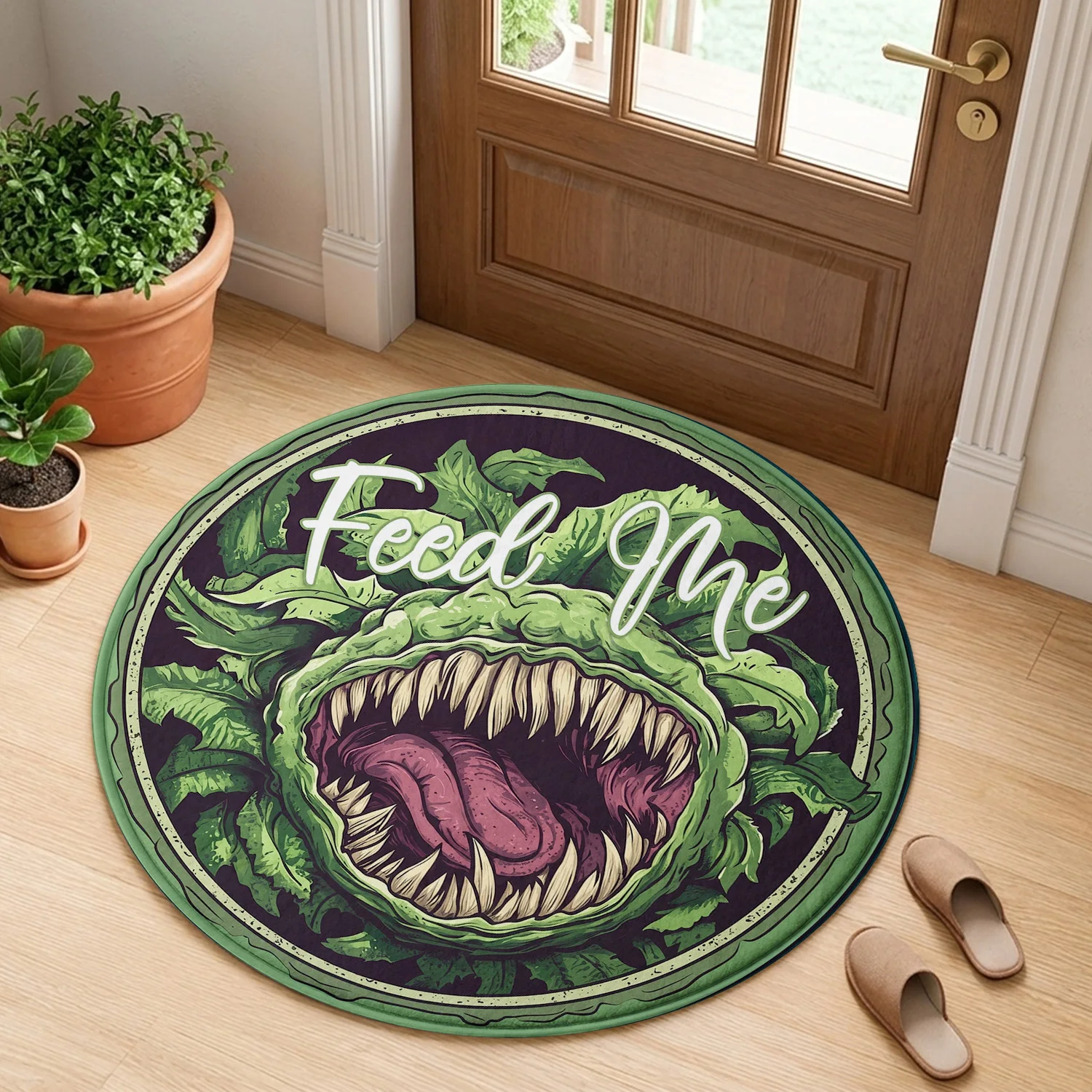 Feed Me Venus Flytrap Carnivorous Monster Plant Green Border Pattern Holiday Luxury Round Mat Area Rug Home Decor