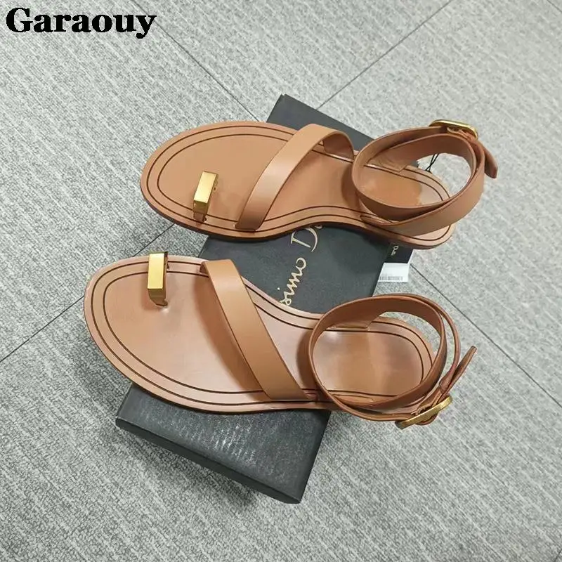 Garaouy Summer Genuine Leather Exposed Toe Ankle Strap Sandals For Women Metal Decoration Beach Flat Shoes Female Simple Casual