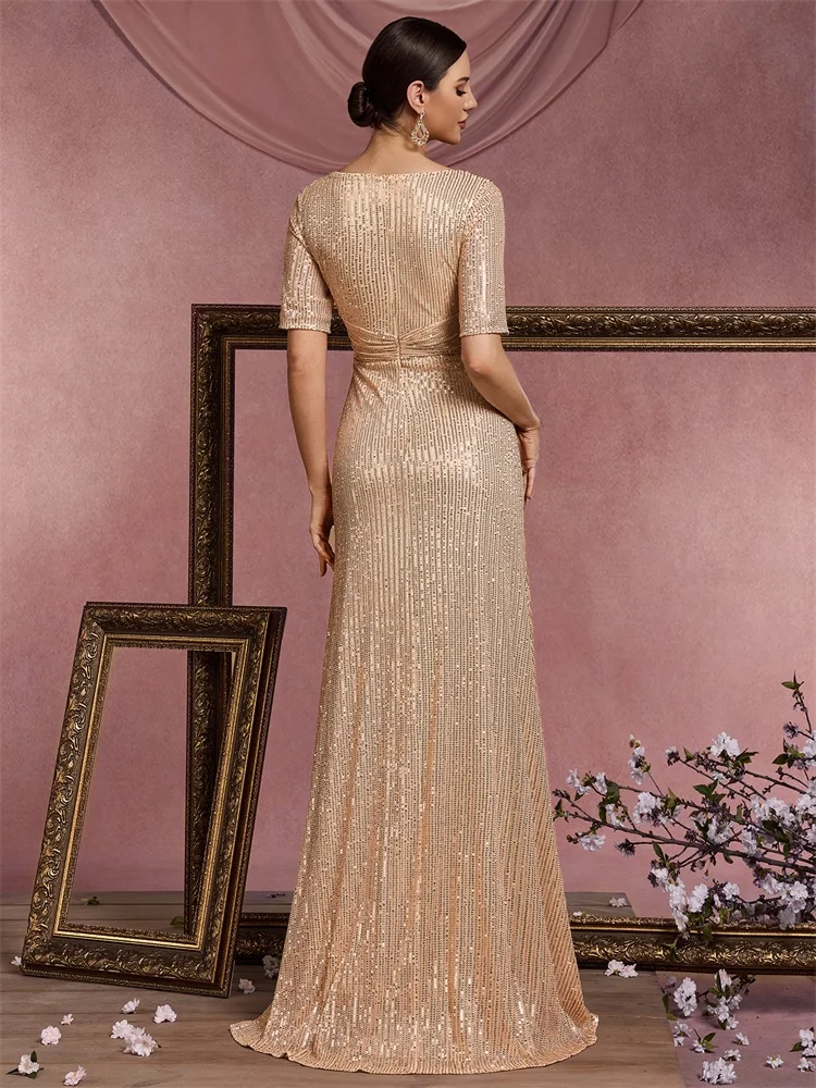 Abiti da sera di lusso con scollo a V lunghi fino al pavimento Abiti da cocktail da ballo con maniche corte e paillettes eleganti da donna