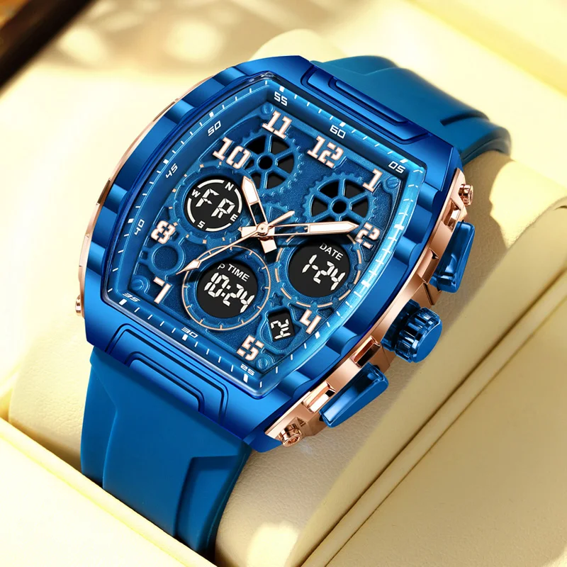 

FOXBOX Men's Watches Luxury Square Quartz Wristwatch Waterproof Luminous Chronograph Watch for Men Date Week Dual Display Clock