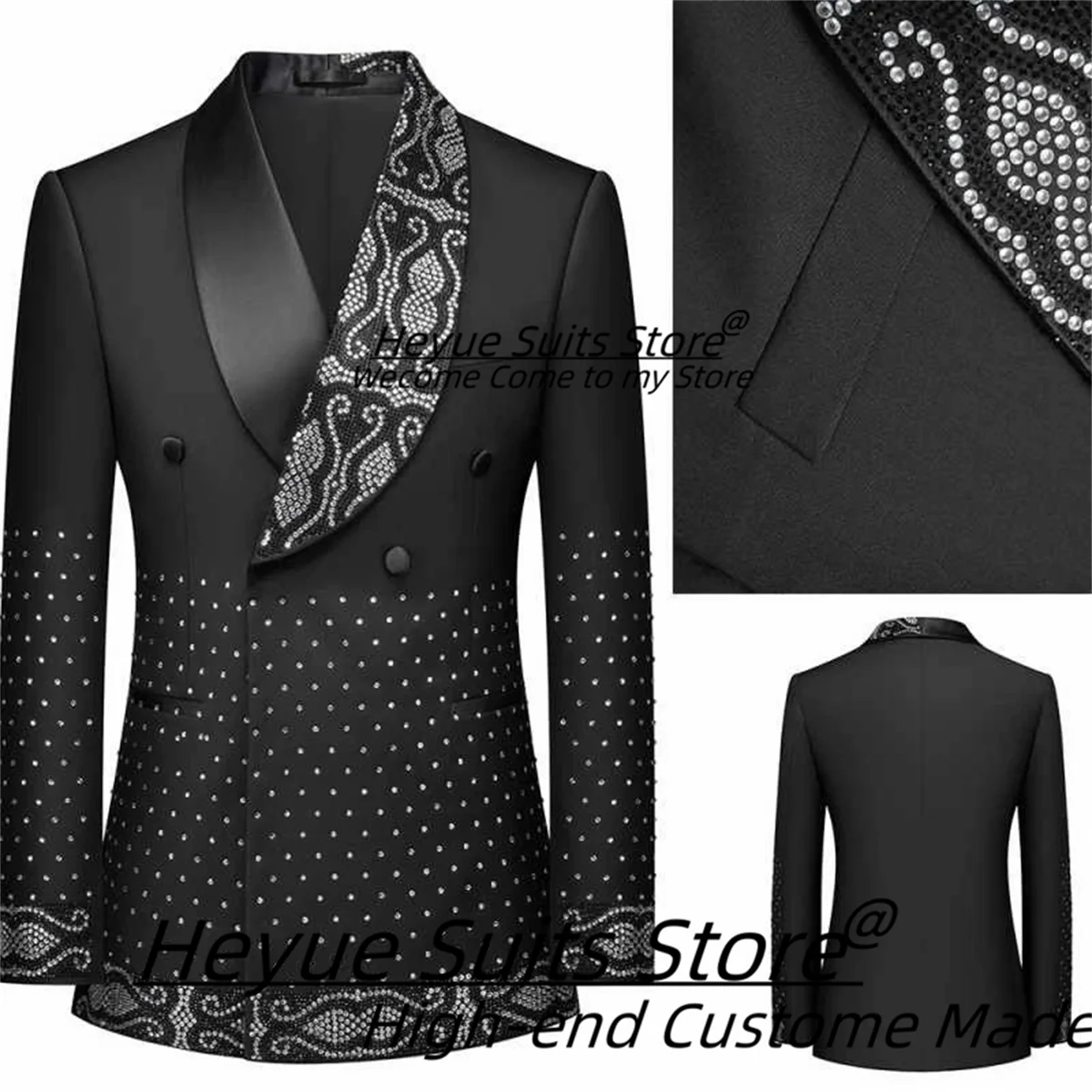 

Luxury Beaded Wedding Groom Tuxedos Business Banquet Slim Fit Shawl Lapel Men Suits Male Prom Party Blazers 100% Real Photos