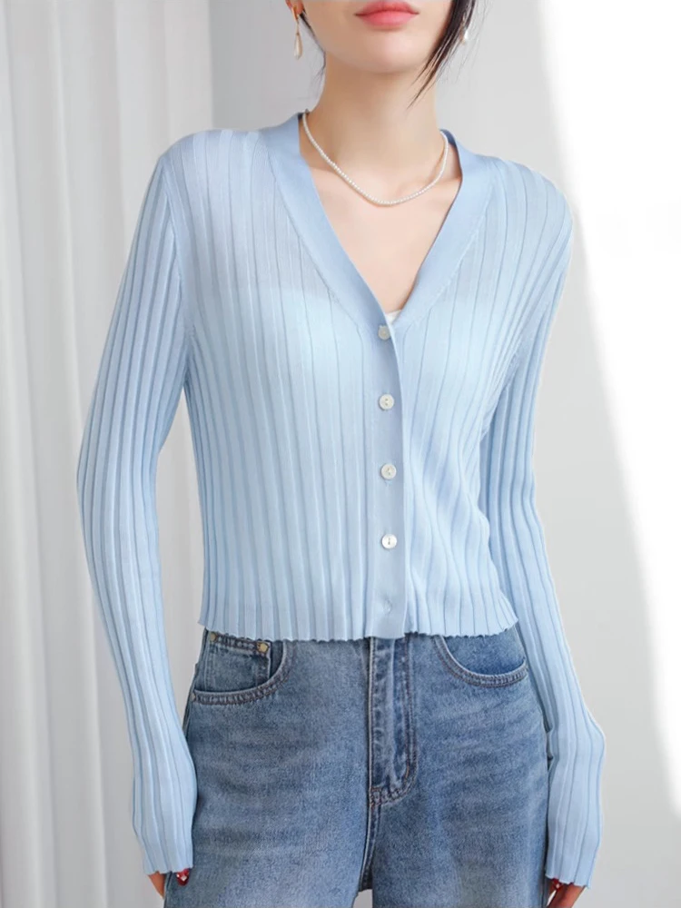 

Мягкий вязаный кардиган V-Ne в синюю полоску, женский летний солнцезащитный тонкий верхняя одежда с кондиционером irt