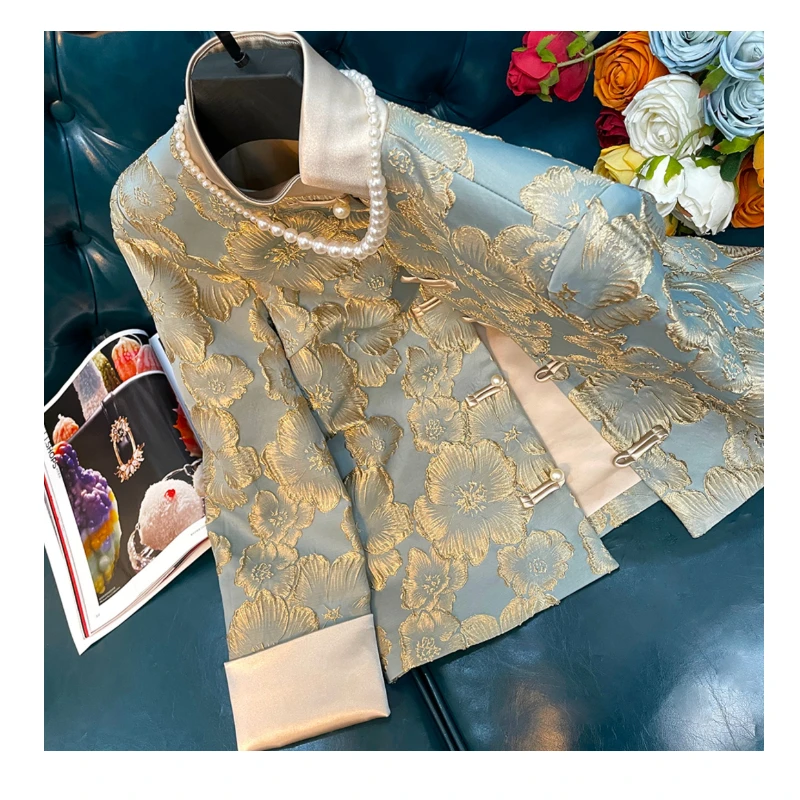 معطف دوبي أزرق عتيق مرقع للنساء ، طراز صيني ، معاطف جاكار ، جاكيت جاكار أنيق ، جديد ، الربيع والخريف ،