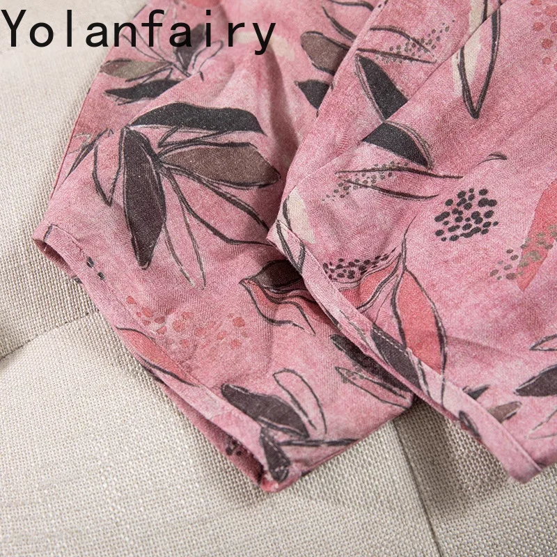 YOLANFAIRY 70% 뽕나무 실크 30% 코튼 드레스 여성 우아한 프린트 셔츠 드레스 여성 라운드 넥 하프 슬리브 여성 드레스