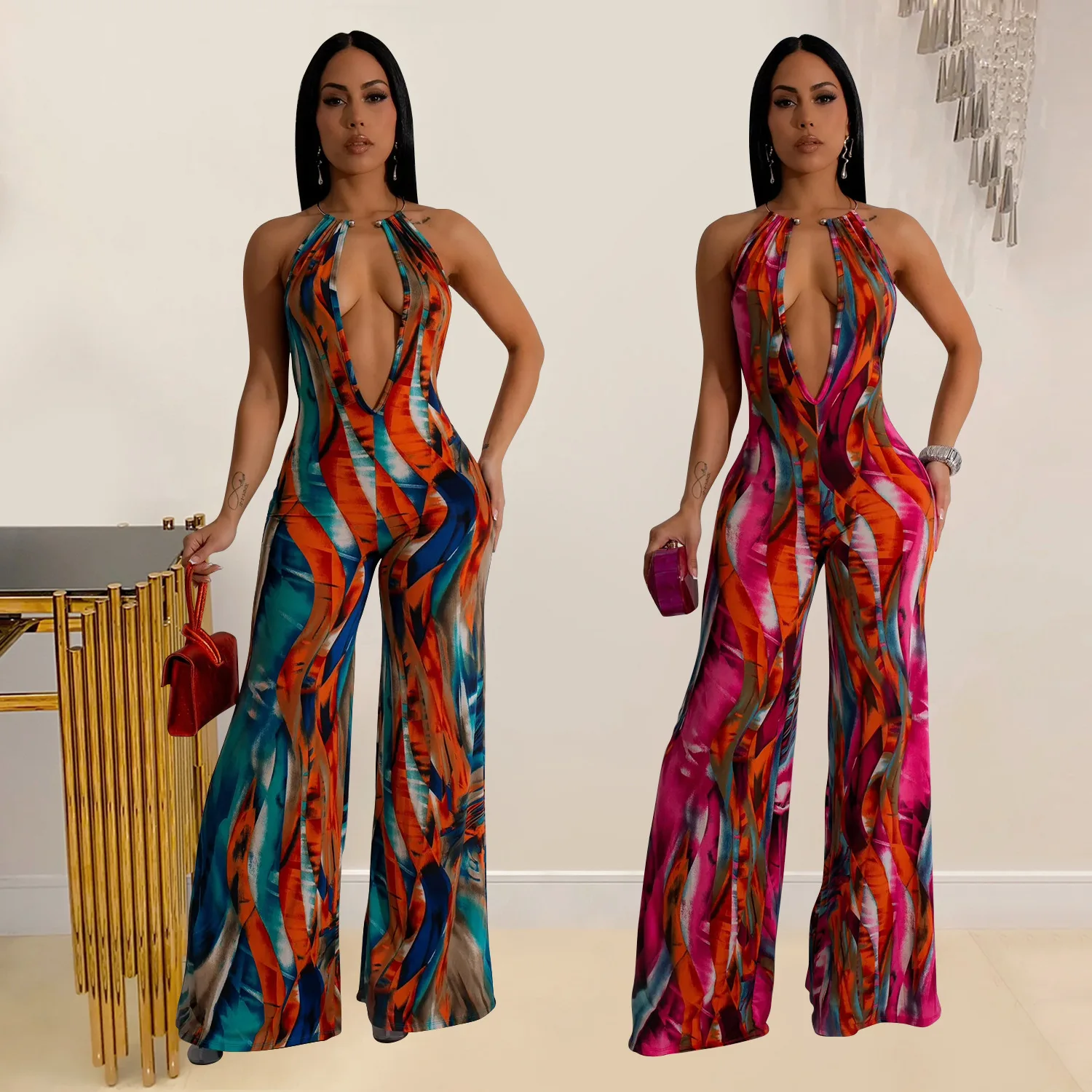 

BKLD Fashion Summer Women Clothing Printed Sleeveless Deep V-Neck Block Color Backless Long Pants Jumpsuit One Pieces Outfits