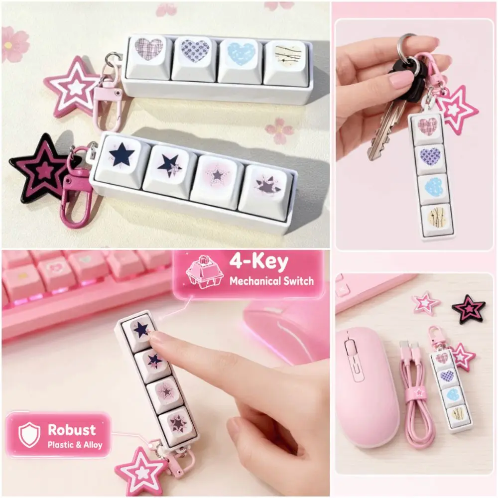 4 Keys Keyboard Toy Keychain Heart Star Keycap Design Fidget Keychain with Keyring Macroon Color Stress Relief Toy Stress Relief