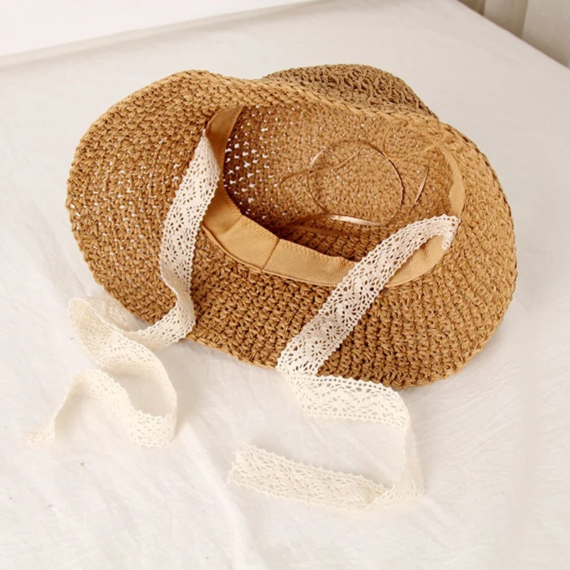 Baby Straw Hat Summer Lace Strap Korean Cute Boy Girl Crochet Sun Cap Foldable Sun Protection Outdoor Kids Beach Caps