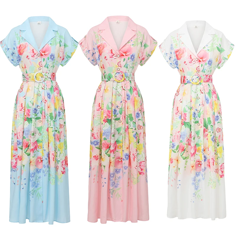 

Vintage Floral Print Maxi Shirt Dress Women High Waist V Neck Short Sleeve Belt A-Line Long Dress for Beach Holiday Party