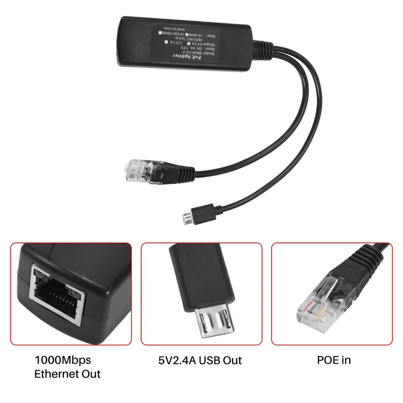 อุปกรณ์จ่ายไฟแบบ POE โมดูลแยกสายไฟมาตรฐาน48V เพื่อ5V2.4A ตัวแยกอินเตอร์เฟซ USB