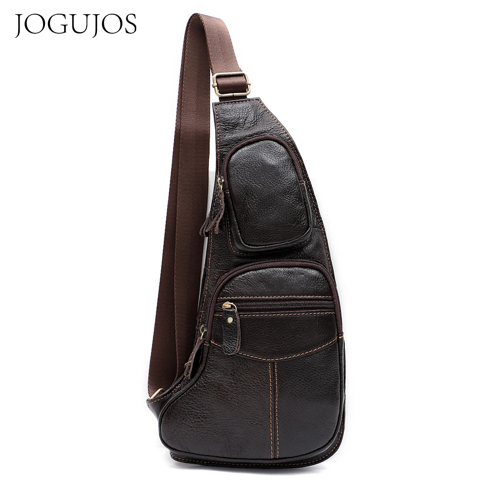 

JOGUJOS Fashion Genuine Cowhide Leather Chest Pack Shoulder Messenger Bag Men Sling Mobile Phone Bags Daypack Crossbody Bag