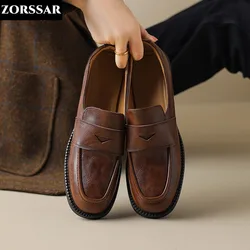 Casual Slip On Women Loafers Spring 2024 Luxury Flat Shoes Quality Genuine Leather Designe Mules Shoes Female Retro Moccasins