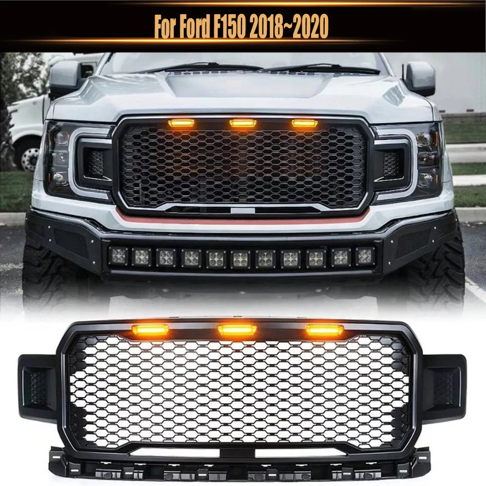 

For Ford F150 2018~2020 Raptor Style Auto Parts Grille Matte Black Grill ABS Front Bumper Grilles Upper Grilles With LED Light