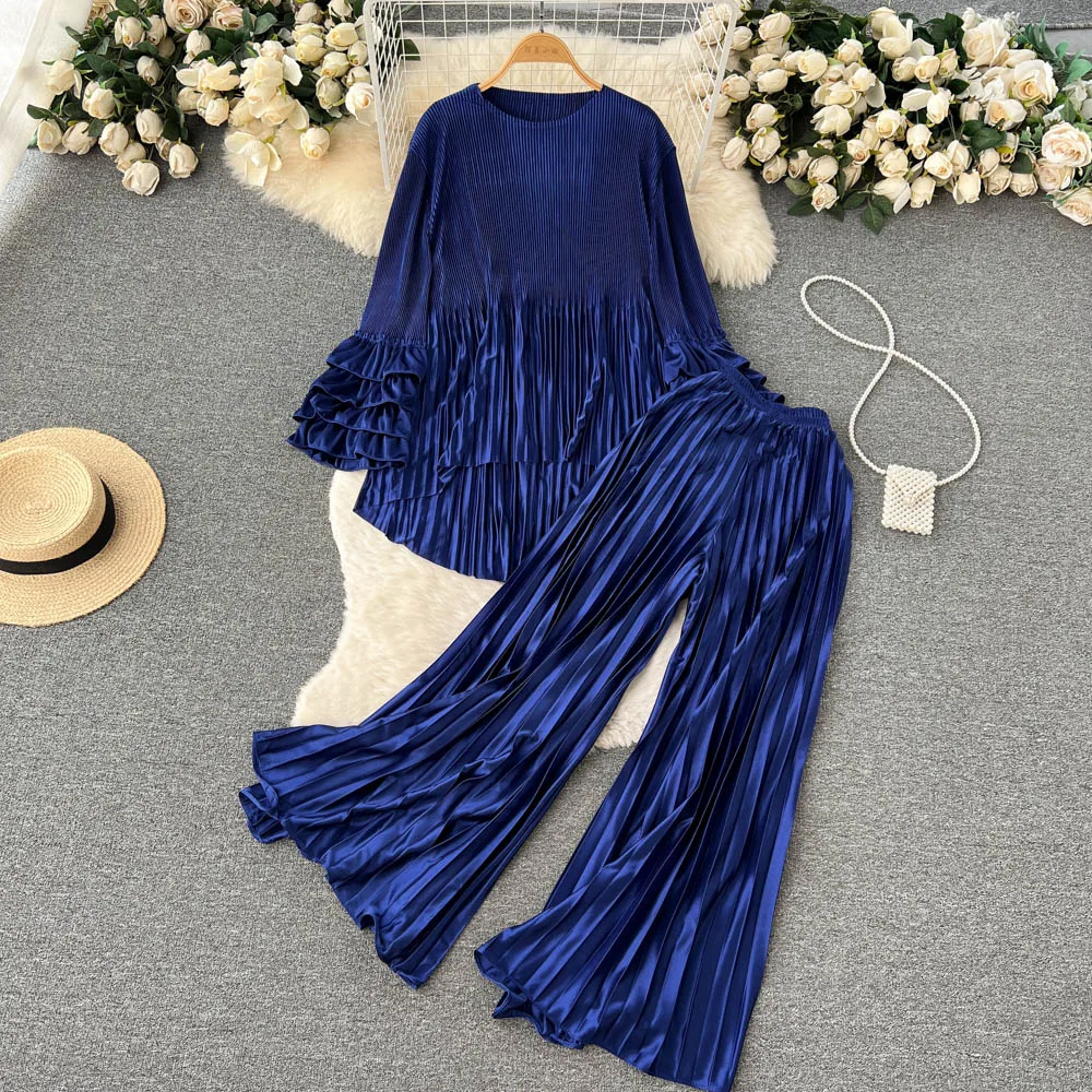 Pleated Elegant Summer Fashion Set For Women\'s 2023 Red Irregular Bubble Sleeve Loose Chic Top+Two Piece Wide Leg Pants Outfit