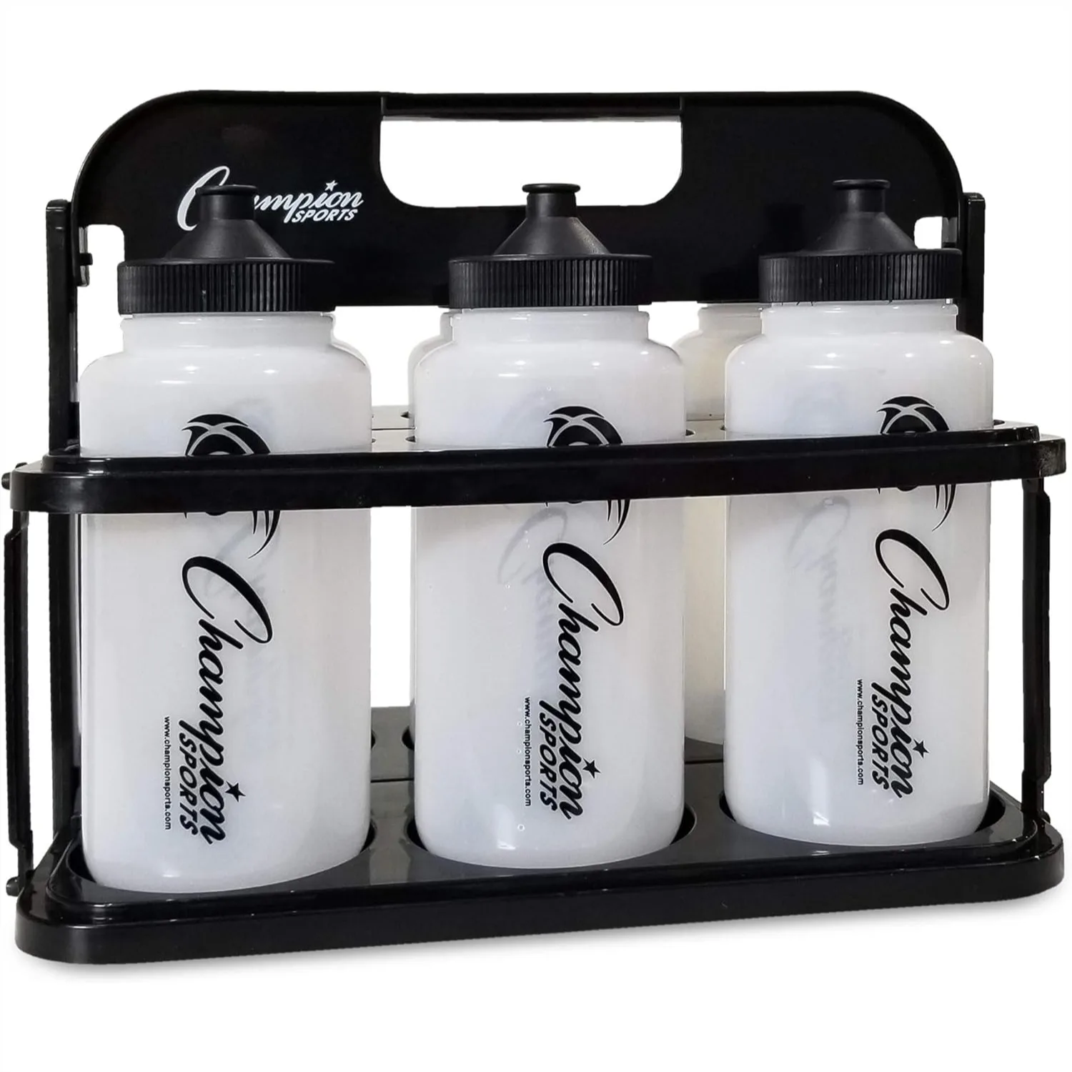 

Plastic Water Bottle Set, 6 Quart Bottles with Collapsible Carrier, Wide Mouth Push/Pull Tip