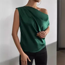 Elegant Off Shoulder Green Shirt 2024 Women's Summer New Fashion Versatile Oblique Collar Pinched Pleated Asymmetric Tank Top