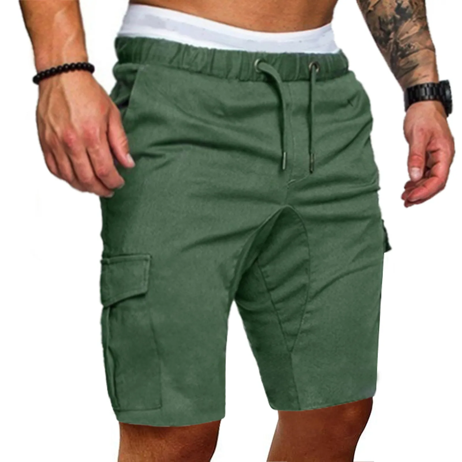 Cordão de bolso multi masculino Slim Fit Shorts, monocromático, elástico na cintura, casual, esportivo, ao ar livre, até o joelho