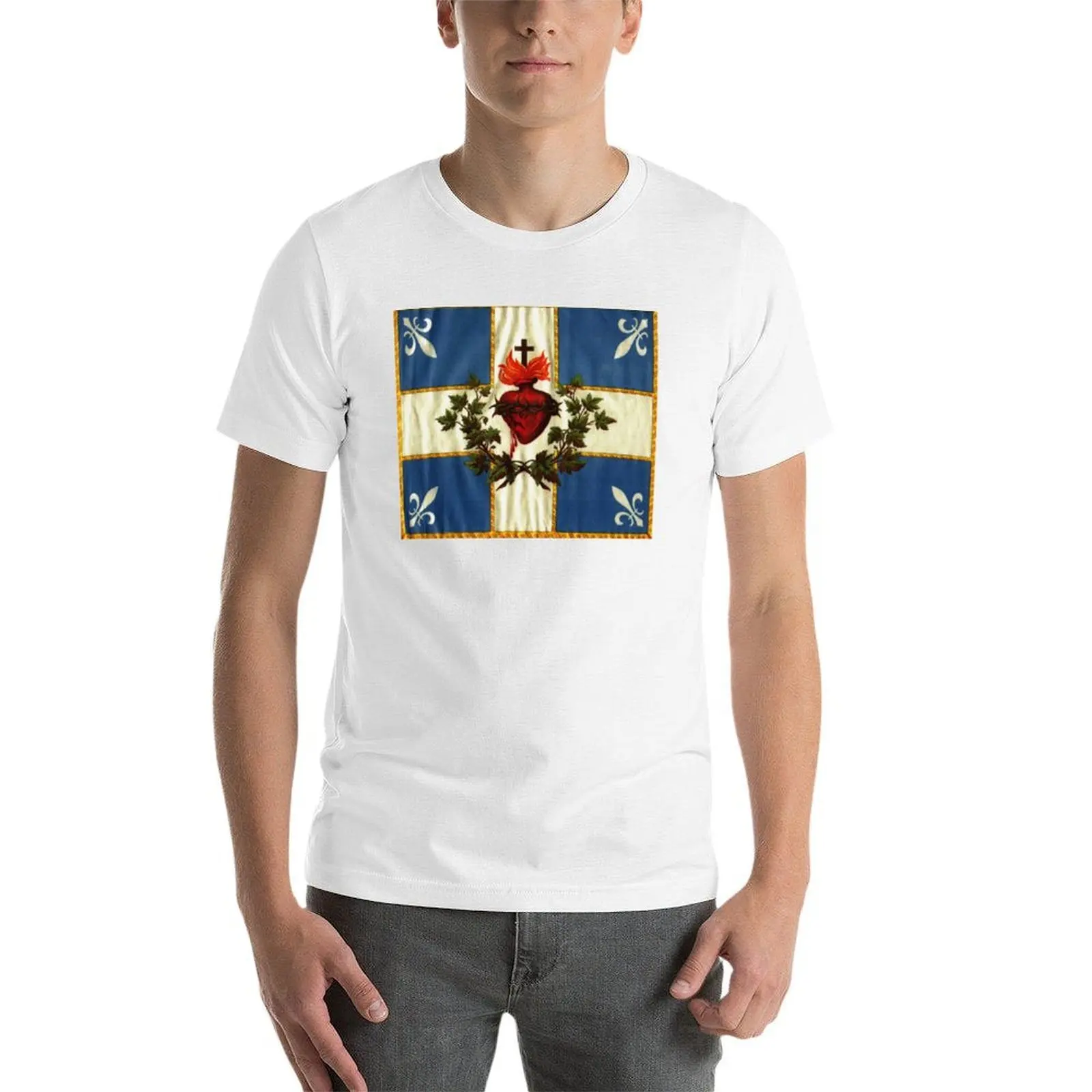 تي شيرت Quebec flag drapeau Québec Patriote Carillon Sacré-C?ur إصدار عتيق قديم كاثوليكي مسيحي مع تي شيرت عالي الدقة من fleurs de Lys