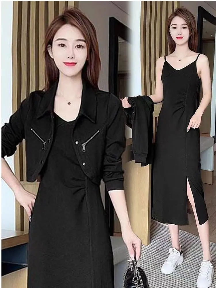 Elegant Short Sleeveless Dress And Jacket Set for Women Spring Autumn Fashion Anti-Wrinkle High Waist Zipper Decoration