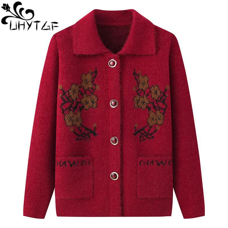 

UHYTGF Knitted Cardigan Coat Women's Single Breasted Casual Warm Spring Autumn Sweater Female Elderly Mom Knitwears Jacket 1976