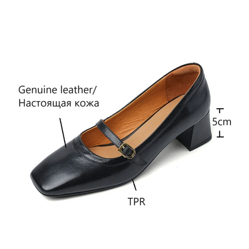 NEW Spring/Autumn Women Pumps Genuine Leather Shoes for Women Square Toe Chunky Heel Shoes Concise Mary Janes Buckle Black Shoes