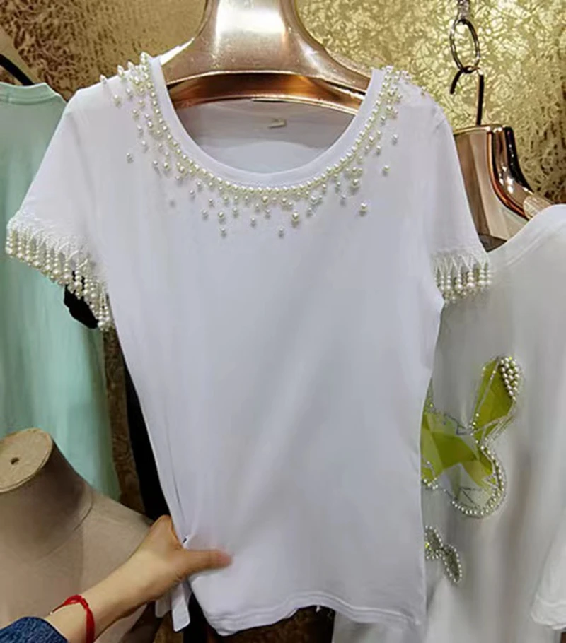 Pearls Beaded Embroidery Cotton T Shirt For Women 2024 Summer New In Short Sleeve Tops Tess White Tshirts Woman Clothing