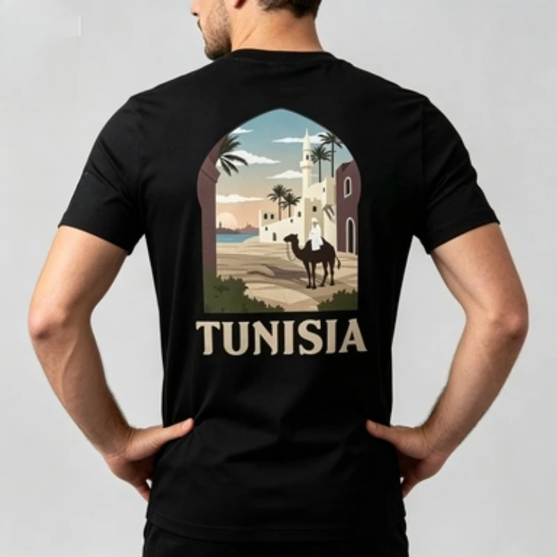 Vintage Tunisia Travel Print Men’s Modal T‑Shirt Round Neck Camel Architecture Pattern Short Sleeve Casual Streetwear Male Tee